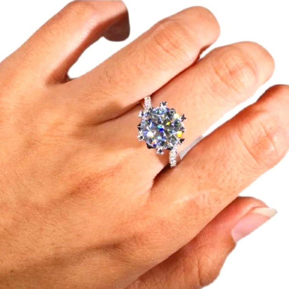 💍MOISSANITE SILVER ROUND TWISTED BIG FLOWER SOLITAIRE ENGAGEMENT RING, K758 - Picture 5 of 11